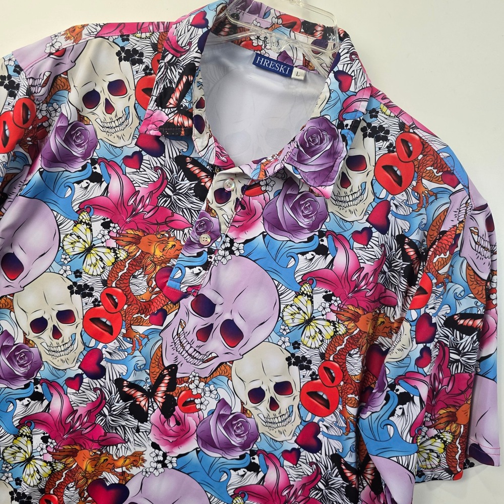 Hreski Skull Rose Dragon Tattoo Polo Shirt Mens Oversized Large Short Sleeve‎